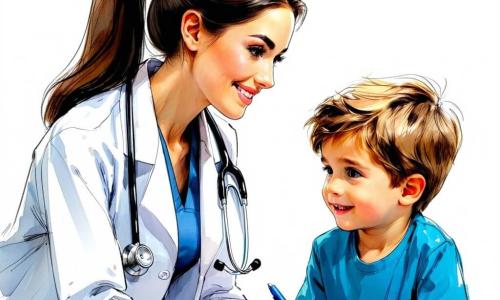 La doctora Ana es una mujer sonriente de unos treinta años, con largos cabellos castaños recogidos en una coleta. Lleva una bata blanca impecable y un estetoscopio alrededor del cuello, mirando con benevolencia a un niño pequeño. Sus ojos brillan de empatía mientras examina al paciente. El niño, de seis años, tiene el cabello rubio desordenado y lleva una camiseta azul con un dibujo de superhéroe. Está sentado en una mesa de examen, con una ligera sonrisa en su rostro, a pesar del dolor en su pie. Su madre, una mujer de unos cuarenta años con cabello castaño y una expresión preocupada, está a su lado, sosteniéndole la mano para tranquilizarlo. La escena tiene lugar en una sala de consulta luminosa y acogedora, con paredes pintadas de amarillo pastel, carteles coloridos sobre la salud infantil y juguetes esparcidos en una estantería. Una ventana deja entrar la luz del sol, creando una atmósfera cálida y reconfortante. La situación principal muestra a la doctora Ana atendiendo el pie lastimado del niño, hablándole suavemente para tranquilizarlo, mientras su madre lo observa con gratitud.