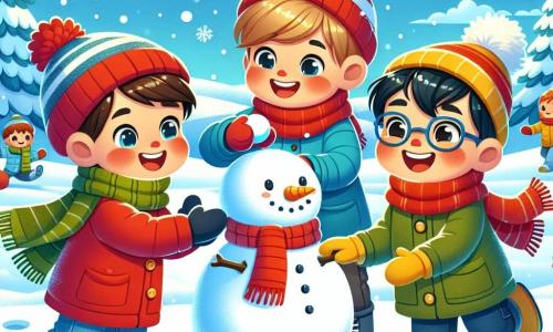 Tre piccoli amici giocano nella neve: Leo, un ragazzo di 7 anni con capelli castani e occhi brillanti, indossa un cappotto rosso vivo e un berretto abbinato. Sta lanciando una palla di neve ridendo. Marco, un ragazzo di 6 anni con capelli biondi e guance arrossate dal freddo, è vestito con un cappotto blu e una sciarpa a righe, pronto a prendere la palla di neve. Piero, un ragazzo di 7 anni con capelli neri e occhiali, indossa un cappotto verde e un berretto giallo, sta costruendo un grande pupazzo di neve con una carota per il naso. Il paesaggio è incantevole: alberi coperti di neve scintillante, un cielo blu chiaro e soleggiato, e fiocchi di neve che cadono dolcemente. In lontananza, si vedono colline bianche e impronte nella neve. La scena principale mostra i tre amici in una battaglia di palle di neve, ridendo e divertendosi, mentre un pupazzo di neve sorridente si erge accanto a loro, con un cappello di feltro e bottoni di pietra.