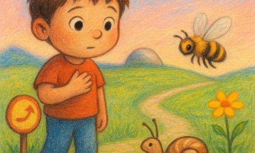 A 6-year-old boy with a round face, rosy cheeks and chestnut hair cut into a fringe, curious gentle expression and large bright eyes, walking slowly on a grassy path with his hand near his heart as if thinking, a tiny snail with a beige-and-brown striped shell stretched out on a flat stone before him with its shell turned and antennae withdrawn, a fuzzy yellow-and-black bee visiting a yellow flower a few paces away with translucent wings slightly blurred, a small round sign stuck in the ground painted naively with a straight line, a curve and a small star, bright colors and slightly chipped edges, a green meadow dotted with yellow and white flowers, two visible paths — a straight white stone path and a curved grassy ribbon — a low hill in the back with a large bread-shaped rock, a blue-pink twilight sky with a small twinkling star; the boy hesitates whether to follow the straight line or the curved path, tender contemplative mood, soft lighting, visible pencil textures, warm contrast between green grass and rosy sky.