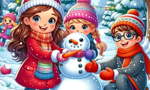 Uma menina de 12 anos, Ana, com longos cabelos castanhos e bochechas rosadas, sorri alegremente enquanto constrói um grande boneco de neve no parque. Ela usa um casaco vermelho vivo, um gorro de lã e luvas coloridas, cheia de energia e entusiasmo. Ao seu lado, Miguel, um garoto de 11 anos com cabelos castanhos e óculos, a ajuda colocando uma cenoura como nariz do boneco de neve, rindo de felicidade. Sofia, uma menina de 10 anos com cabelos loiros e tranças, está sentada na neve, moldando bolas de neve para uma batalha amigável, observando seus amigos com um sorriso cúmplice. O parque está coberto por uma espessa camada de neve cintilante, com árvores majestosas cujos galhos estão carregados de flocos brancos e luzes coloridas penduradas, criando uma atmosfera mágica e festiva. A cena principal mostra Ana e seus amigos celebrando o inverno, rindo juntos e criando memórias alegres enquanto constroem seu boneco de neve, incorporando o espírito de camaradagem e alegria da estação.