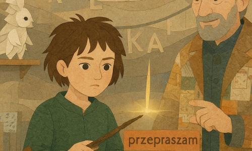 Dwunastoletnia młoda czarownica patrzy skupiona i wzruszona, w zielonej lnianej szacie z skórzanymi łokciami, krótkie potargane kasztanowe włosy, trzyma w dłoniach pękniętą drewnianą różdżkę; po jej prawej stoi około pięćdziesięcioletni Miro z pomarszczoną, łagodnie uśmiechniętą twarzą w patchworkowym płaszczu z plakatów, wskazujący dłonią cienką igłę światła niczym nauczyciel, nieco z tyłu by zostawić ją w centrum; niedaleko unosi się garde-papier — istota z złożonych kartek i tuszu — przy unoszącej się półce, z uważnym spojrzeniem i splecionymi dłońmi; scena rozgrywa się w Przędzarni Znaczeń, wielkiej okrągłej sali z falującymi ścianami jak powierzchnia papierowego jeziora, setkami liter wiszącymi w girlandach i dużą szklaną misą z złotą wodą pod igłą świetlną; czarownica wkłada do szczeliny różdżki miedziane słowo przepraszam, a delikatne nitki światła splatają się, zszywając pęknięcie — ciepłe światła, papierowe tekstury i łagodna, uzdrawiająca magia.