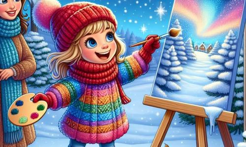 An 11-year-old girl, Sophie, stands at the center of the scene, her eyes shining with excitement and a big smile on her face. She wears a thick, colorful wool sweater, a red hat, and matching gloves, holding a paint palette in one hand and a brush in the other, ready to capture the beauty of winter. Next to her, her mother, a woman in her thirties, watches her with pride. She has brown hair and wears a wool scarf, encouraging Sophie with a warm smile. The setting is a magical garden covered in a thick layer of sparkling snow, with trees laden with snow and a clear blue sky dotted with fluffy clouds. Sophie is painting on a large canvas, depicting a magical winter landscape where snowflakes dance in the air, while sparkling lights evoke the Northern Lights.