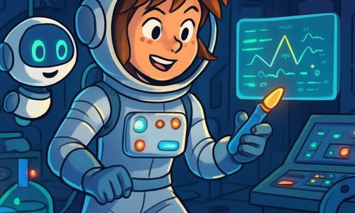 Maya, a twenty-four-year-old woman, stands in a futuristic laboratory, her face marked by excitement and determination. She wears a silver spacesuit adorned with blinking lights, and her helmet is slightly tilted, revealing her tousled brown hair. She holds a shiny tool in her hand, scrutinizing a holographic screen that projects strange data. Beside her, PICO, a small round and friendly robot, floats in the air. With its bright eyes and digital smile, it seems ready to assist Maya in her mission. The lab is filled with futuristic consoles, glowing cables, and glass tubes containing samples of strange colored substances. Blinking lights on the ceiling and dancing shadows on the walls create an atmosphere that is both intriguing and slightly unsettling. The main scene shows Maya exploring the lab, searching for clues about mysterious footprints leading to a closed door, while a strange buzzing resonates around her, suggesting that something unexpected lurks in the shadows.