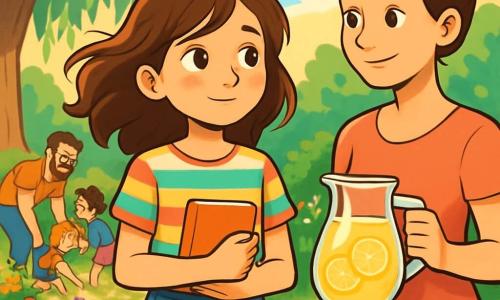 A 12-year-old girl, Mila, stands in a vibrant garden, her slightly wavy brown hair blowing in the wind. She has a thoughtful look, with sparkling brown eyes reflecting a mix of joy and melancholy. Dressed in a colorful striped t-shirt and denim shorts, she holds a small notebook in her hands. Next to her, her mother, a woman in her thirties with brown hair in a bun, smiles gently while holding a jar of lemonade, conveying support and understanding. A bit further away, her father, a man in his thirties with light facial hair and glasses, leans in laughing with a group of playing children, adding a lighthearted touch to the scene. The garden is lush, filled with colorful flowers, aromatic plants, and a large weeping willow providing shade. The ground is dotted with small pebbles and greenery, creating a peaceful and welcoming atmosphere. The main scene shows Mila, surrounded by her parents, sharing a moment of connection as she expresses her feelings through her notebook. Sunlight filters through the leaves, illuminating the scene with a soft golden light, symbolizing hope and family warmth despite challenges.