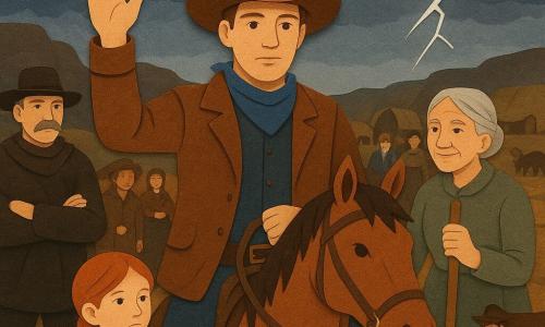 A man—Jack—stands center, determined calm face, gentle eyes, brown cowboy hat, worn leather jacket, blue neckerchief with a small blue ribbon at his buttonhole, holding his horse Dusty's reins with one hand and raising the other to give a signal; to Jack's left the adult sheriff Morales, serious but reassuring, gray mustache, dark poncho, arms crossed and slightly back as an advisor; to Jack's right an elderly woman, Old Mae, silver hair in a bun, wise smile, decorated wooden cane, leaning toward the group; in the foreground a small girl, Rose, about seven, red braid, attentive calm look, hands clasped, clinging to an adult's leg; a teenage boy, Pete, flushed and tired but focused, dusty cowboy clothes, herding calves into an enclosure in the background; villagers gathered in a semicircle behind Jack, calm, disciplined, some worried faces, blankets and lamps; setting on a rocky ridge at a rain-swept sunset with sandy ground and dry grass, dark storm sky and distant lightning, wet tents and wagons and shiny mud; the moment is preparation before the storm—Jack gives the quiet signal, the crowd guides the livestock to shelter, tense but orderly, warm lamp light contrasting with the blue-gray sky.