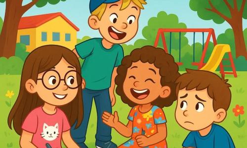 There are 4 children: Mia, an 8-year-old girl with long brown hair and round glasses, wearing a pink t-shirt with a cat design, sitting on the grass holding a pencil and a sketchbook; Noah, an 8-year-old boy with messy blonde hair and a mischievous smile, wearing a blue cap and a green t-shirt, standing next to Mia making a funny face; Lily, an 8-year-old girl with curly hair in a colorful floral dress, sitting across from Mia, laughing and holding a pencil; and Ben, an 8-year-old boy with brown hair looking a bit worried, wearing a blue t-shirt, crouched near his backpack, looking at the others apologetically. The scene takes place in a sunny schoolyard surrounded by tall trees with bright green leaves, featuring colorful play equipment like a red swing and a yellow slide, with multicolored flowers along the path. The main situation shows the four friends discussing around Ben, who confessed to taking markers without asking. The children's faces express various emotions: Mia smiles understandingly, Noah makes a funny face to lighten the mood, Lily laughs joyfully, and Ben looks a bit nervous but relieved.