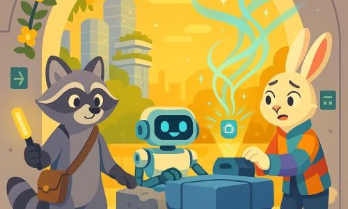 Milo, a young anthropomorphic raccoon with a soft but focused face, bright eyes, gray fur and a well-defined black mask, holds a glowing wand-scanner and wears a small leather satchel while calmly guiding a hardened box outside; Luma, an arctic hare artist with long ears and a colorful patchwork jacket, looks worried then relieved as she activates a projector emitting thin holographic ribbons marked by a small shining chip and adjusts it beside Milo; a compact white-mint service robot with articulated arms and friendly screen-eyes delicately lifts a large cemented blue-shell package between Milo and the tunnel entrance; the futuristic city tunnel entrance features a white arch with lemon-climbing flowers, a smooth reflective floor, walls dotted with small shiny silver sensors and flat screens showing green icons, with distant glass towers and terraced gardens visible; the team clears a mass of sticky crates fused into a solid block by hardening foam, floating holographic lights decorate the air without blocking the way, golden twilight atmosphere, clear centered composition, bright contrasting colors, clean lines and simple shapes.