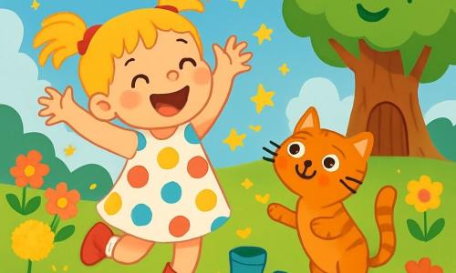 A 4-year-old girl named Pip, with blonde pigtails and sparkling eyes, wears a colorful polka dot dress and little red shoes. She is laughing joyfully, arms raised, jumping in a field of golden dandelions. Next to her, her cat Crumble, an adorable orange tabby, stands on his hind legs, wide-eyed and ready to pounce. Their surroundings are an enchanted landscape, with a blue sky dotted with fluffy clouds and a large tree with laughing leaves, under which a small wooden door is hidden. The scene is filled with multicolored flowers and sparkling stars falling from the sky. Pip and Crumble discover dancing boots that lead them into a joyful dance, while twinkling stars fall around them, creating a magical and fun atmosphere.