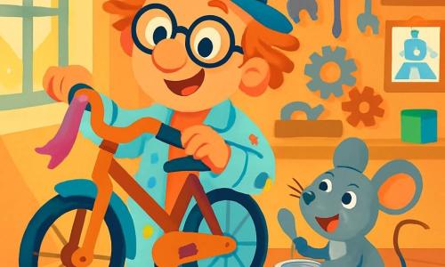 An inventor named Mr. Ollie, wearing large round glasses and a bright blue hat, smiles joyfully while holding an old bicycle. His hair is messy, and he wears a paint-stained work apron. Beside him, a small gray mouse named Pip, with sparkling eyes and large ears, jumps excitedly, tapping a spoon on an old tin can. The scene takes place in a warm workshop filled with colorful tools, shiny metal parts, and original creations hanging on the walls. Sunlight filters through a window, illuminating piles of buttons and ribbons scattered on a wooden table. Mr. Ollie and Pip are transforming worn objects into beautiful creations. Mr. Ollie proudly shows off the bicycle decorated with colorful ribbons, while Pip enthusiastically claps, ready to make music with the cans.