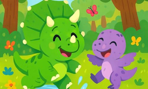 A joyful triceratops named Trixie, with bright green skin and white horns, smiles widely while jumping near a sparkling stream. Her bright eyes show her enthusiasm and curiosity. Next to her, Pip, a small dinosaur with purple spots, joyfully leaps with his tiny wings open, laughing happily. The setting is a lush forest filled with tall brown-trunked trees and colorful flowers dancing in the breeze. The ground is covered in green leaves and vibrant flowers, while the crystal-clear stream flows gently, creating joyful splashes. The main scene shows Trixie and Pip playing together, splashing water and laughing, surrounded by colorful butterflies flying around them, creating a lively and happy atmosphere.