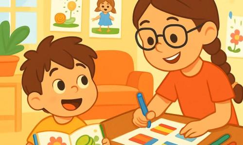 Un niño pequeño de 4 años, llamado Mateo, con cabello castaño desordenado y ojos llenos de curiosidad, está sentado en el suelo de una sala luminosa. Tiene una gran sonrisa en su rostro y sostiene un libro de colorear con páginas llenas de dibujos coloridos. A su lado, su hermana Lucía, una niña de 8 años con cabello largo trenzado y gafas, se inclina sobre una mesa de madera, dibujando banderas de diferentes países con marcadores de colores. La sala está decorada con guirnaldas de papel y dibujos colgados en la pared, creando un ambiente festivo y acogedor. Mateo mira a Lucía con admiración, ansioso por comenzar su proyecto de verano.