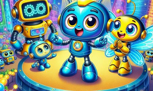 Zappy, un pequeño robot de color azul brillante con ojos redondos y expresivos, está de pie sobre una plataforma flotante, mostrando una gran sonrisa de emoción mientras presenta su proyecto innovador a un grupo de robots. A su lado, Buzzy, un robot amarillo brillante con alas de mariposa y una cara alegre, aplaude con entusiasmo, sus ojos brillando de orgullo. El escenario es Luminiopolis, una ciudad futurista con edificios de vidrio brillante, iluminados por neones multicolores, con coches voladores zumbando en el cielo estrellado. Flores mecánicas de colores vibrantes rodean la escena, añadiendo un toque de magia al entorno. La situación principal muestra a Zappy y Buzzy revelando su invención revolucionaria, un pequeño dispositivo de comunicación, ante un público de robots fascinados, todos cautivados por su creatividad y amistad.