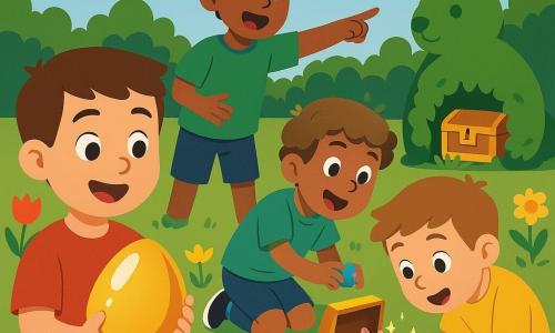 Quatro meninos (c.8–9 anos) num jardim ensolarado com relva e flores: menino à esquerda de camiseta vermelha segura um grande ovo dourado; à direita, de camiseta azul agachado abre um pequeno ovo azul junto a um vaso de barro; ao centro, de camiseta verde aponta para um pequeno baú dourado escondido num arbusto em forma de coelho; ao lado, de camiseta amarela puxa a tampa do baú que liberta brinquedos coloridos e mini-ovos de chocolate; cena alegre, cores vivas e estilo infantil simples.