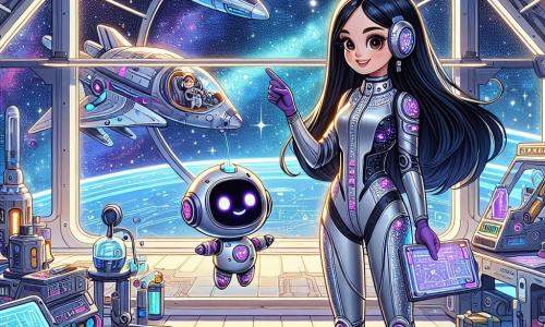 Uma mulher, a Dra. Luna, está de pé em um hangar espacial, com o rosto radiante de empolgação e determinação. Ela usa um elegante e futurista traje espacial prateado, com detalhes roxos cintilantes. Seus longos cabelos negros flutuam levemente no ar, e ela segura um tablet científico em uma mão, enquanto a outra mão está levantada, como se estivesse apontando para as estrelas. Ao lado dela, Pip, um pequeno robô de olhos brilhantes e redondos, está flutuando e emitindo bipes alegres. Ele tem uma forma redonda e braços articulados, parecendo ansioso para acompanhar Luna em sua missão. O hangar é imenso, com paredes de vidro transparente que revelam o espaço estrelado do lado de fora. Naves espaciais brilhantes estão estacionadas ao redor, e ferramentas futuristas estão espalhadas sobre mesas. A cena principal mostra Luna pronta para escolher sua nave para a missão rumo à misteriosa Nebulosa Violeta, com estrelas cintilantes e nebulosas coloridas visíveis através das janelas do hangar. A atmosfera está cheia de expectativa e aventura.
