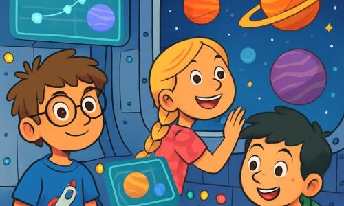 Há 3 personagens: - Lucas: um garoto de 10 anos, com cabelos castanhos bagunçados e óculos redondos. Ele usa uma camiseta azul com um foguete desenhado e segura um pequeno aparelho de metal. - Sofia: uma menina de 9 anos, com longos cabelos loiros trançados e um sorriso radiante. Ela está vestida com um vestido rosa de bolinhas e olha maravilhada através de uma grande janela da nave espacial. - Pedro: um garoto de 10 anos, com cabelos negros e sardas no rosto. Ele usa um moletom verde e está inclinado sobre um painel de controle, pressionando botões luminosos. O local é o interior de uma nave espacial futurista, com paredes prateadas brilhantes e telas holográficas projetando imagens de planetas coloridos. Luzes piscantes iluminam o ambiente, criando uma atmosfera mágica e misteriosa. A cena principal mostra os três amigos, fascinados, descobrindo uma tela que exibe destinos interestelares, cercados por botões coloridos e luzes cintilantes, prontos para escolher sua próxima aventura no espaço.
