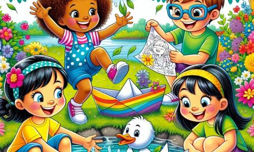 Quattro amiche felici si ritrovano presso un laghetto scintillante, circondato da fiori colorati e alberi verdi. Giulia, di 10 anni con capelli ricci e castani, indossa una maglietta gialla e pantaloni corti blu, salta in acqua ridendo. Martina, di 10 anni con capelli lisci e biondi, indossa occhiali giganti e un vestito a pois, è seduta sul bordo del laghetto ridendo mentre tiene una barchetta di carta. Sofia, di 10 anni con capelli castani e una coda di cavallo, è in piedi con un disegno del suo drago blu e un grande sorriso. Valentina, di 10 anni con capelli lunghi e neri, indossa una maglietta verde e si accovaccia per raccogliere foglie colorate da usare per decorare le barche. Al centro dell'immagine, un'anatra divertente con piumaggio giallo nuota felicemente verso le barche di carta, sembrando incuriosita dalle risate delle ragazze. La scena è piena di gioia e colori vivaci, catturando lo spirito di una giornata estiva ricca di avventure e risate tra amici.