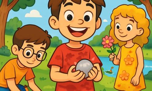 Um garoto de 10 anos, chamado Pedro, com cabelos castanhos bagunçados e olhos brilhantes de curiosidade, sorri amplamente enquanto segura uma pedra brilhante nas mãos. Ele usa uma camiseta vermelha com estampas de dinossauros e um short azul, e está no centro da imagem, irradiando alegria e empolgação. À sua direita, Sofia, uma menina de 9 anos com cabelos cacheados e dourados, veste um vestido amarelo com flores e admira uma bela flor que segura delicadamente. À esquerda, Luís, um garoto de 10 anos com óculos e cabelos castanhos, está inclinado para frente, desenhando em uma folha de papel com lápis de cor, concentrado e entusiasmado. O local é um parque verdejante, cheio de árvores majestosas, flores coloridas e um céu azul claro com nuvens brancas. Ao fundo, há um pequeno lago onde patos nadam tranquilamente. A cena principal mostra Pedro e seus amigos explorando a natureza, descobrindo tesouros, com sorrisos radiantes e risadas, capturando o espírito alegre e aventureiro de suas férias de verão.