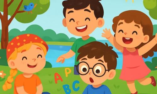 Há 4 crianças: - Tomás: um menino de 6 anos, com cabelos castanhos bagunçados e óculos redondos. Ele usa uma camiseta azul com um desenho de dinossauro e segura um livro aberto, olhando as letras com admiração. - Sofia: uma menina de 6 anos, com longos cabelos loiros trançados e um chapéu vermelho com bolinhas. Ela sorri alegremente, sentada na grama, com as pernas cruzadas. - Lucas: um menino de 6 anos, com cabelos negros e um grande sorriso. Ele usa uma camiseta verde e está em pé, apontando para uma letra no livro de Tomás. - Marta: uma menina de 6 anos, com cabelos castanhos cacheados e um vestido rosa. Ela está pulando de alegria ao lado de Sofia, com os braços levantados. O cenário é um parque ensolarado, cheio de árvores com folhas verdes brilhantes e flores coloridas. No centro, um grande lago brilha sob o sol, cercado por gramados verdes. Pássaros cantam nas árvores e nuvens brancas flutuam em um céu azul claro. A situação principal mostra as crianças sentadas em círculo na grama, rindo e se divertindo ao transformar as letras de Tomás em desenhos coloridos, cercadas por cartões com letras espalhadas ao redor, em uma atmosfera alegre e cheia de imaginação.