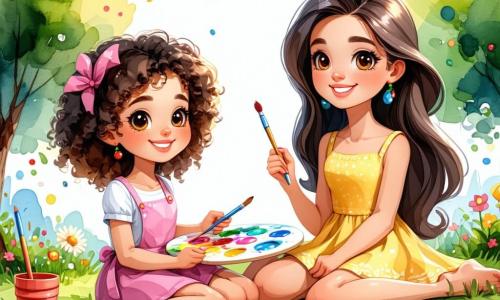 O fată de 10 ani, Maria, cu părul creț și ochii strălucind de curiozitate, stă pe iarba verde dintr-un parc însorit. Zâmbește fericită, ținând o paletă de vopsea colorată într-o mână și o pensulă în cealaltă, pictând un peisaj minunat cu un curcubeu și flori strălucitoare. Lângă ea, cea mai bună prietenă, Ana, tot de 10 ani, cu părul lung și drept, poartă o rochie cu flori și privește cu admirație tabloul Mariei, având mâinile pe șolduri, plină de entuziasm. Parcul este plin de copaci mari cu frunziș luxuriant, flori multicolore și un cer albastru deschis presărat cu câteva nori albi pufoși. Copiii se joacă în depărtare, iar păsările cântă vesel în crengi. Situația principală arată cum Maria și Ana se bucură de o zi fără ecrane, descoperind bucuria creativității și a prieteniei, înconjurate de frumusețea naturii.