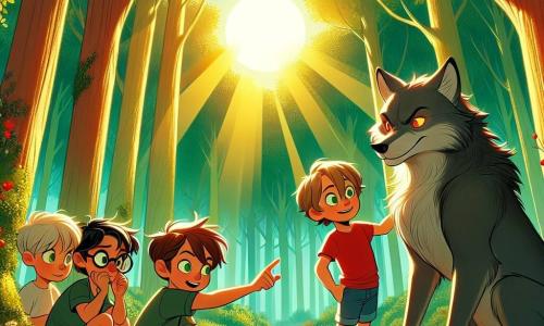 In einer sonnigen Lichtung im Herzen eines grünen Waldes stehen vier Jungen mutig. Max, ein 10-jähriger Junge mit zerzausten braunen Haaren und einem roten T-Shirt, schaut neugierig auf den großen bösen Wolf. Rechts von ihm steht Leo, ein 9-jähriger Junge mit blonden Haaren und einer blauen Shorts, der mutig lächelt und bereit ist, das Unbekannte zu konfrontieren. Links versteckt sich Finn, ein 8-jähriger Junge mit Brille und braunen Haaren, leicht hinter Max, seine Augen weit aufgerissen vor Überraschung. Schließlich steht Tom, ein 10-jähriger Junge mit schwarzen Haaren und einem grünen T-Shirt, vorne und zeigt enthusiastisch mit dem Finger auf den Wolf.

Der große böse Wolf, majestätisch und imposant, sitzt auf einem Baumstamm, mit grauem Fell und leuchtenden, ausdrucksvollen Augen. Er schaut die Jungen mit einer Mischung aus Neugier und Sanftheit an und zeigt, dass er nicht so furchterregend ist, wie er aussieht.

Die Lichtung ist von großen Bäumen mit leuchtend grünen Blättern umgeben, und bunte Blumen sprenkeln den Boden. Ein sanfter Sonnenstrahl filtert durch die Äste und schafft eine warme, einladende Atmosphäre.

Die Hauptsituation zeigt die Jungen, die mutig auf den Wolf zugehen, bereit, mit ihm zu sprechen und herauszufinden, dass er nicht das Monster ist, das sie sich vorgestellt haben. Sie tauschen entschlossene Blicke aus, die ihren Willen zeigen, ihre Ängste zu überwinden und eine neue Freundschaft zu schließen.