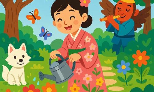 Una mujer llamada Sakura, de unos 30 años, se encuentra en el centro del jardín encantado, con una sonrisa radiante y ojos brillantes de alegría. Lleva un kimono tradicional con delicados motivos florales en tonos de rosa y verde, y sostiene un regador de metal brillante, cuidando con esmero las flores vibrantes. A su lado, un pequeño zorro blanco, con ojos vivos y curiosos, observa a Sakura con una expresión amistosa, listo para ayudarla en su jardín. Un tengu, un espíritu del bosque, se sitúa un poco más atrás, con alas de pájaro y una sonrisa, tocando la flauta y creando una suave melodía que flota en el aire. El jardín es un verdadero cuadro vivo, lleno de flores multicolores, grandes árboles majestuosos con hojas verdes y doradas, y pequeños senderos de piedra que serpentean entre arbustos exuberantes. Mariposas coloridas danzan alrededor de las flores, añadiendo a la magia del lugar. La escena principal muestra a Sakura regando sus flores, mientras el zorro y el tengu la observan con admiración, creando una atmósfera de felicidad y armonía en este jardín encantado.