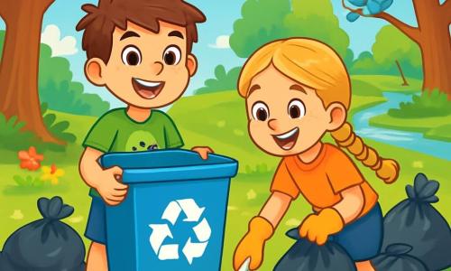 Un niño de 8 años, Lucas, con cabello castaño desordenado y ojos llenos de curiosidad, sonríe alegremente mientras sostiene un gran contenedor de reciclaje. Lleva una camiseta verde brillante con un dibujo de un árbol y un short azul. A su lado, su mejor amiga Ana, una niña de 8 años con cabello largo y rubio trenzado, usa guantes de jardinería y recoge basura con una gran sonrisa. El parque de Villa Verde está lleno de flores coloridas, árboles majestuosos y un cielo azul brillante. Los pájaros cantan en las ramas y un pequeño arroyo brilla al sol. La escena muestra a Lucas y Ana limpiando el parque, rodeados de bolsas de basura llenas de desechos, riendo y disfrutando. Están decididos a embellecer su parque, ilustrando la importancia de proteger la naturaleza.