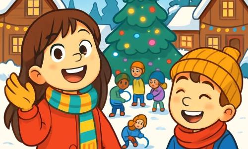 Una niña de 10 años, llamada Sofía, con largos cabellos castaños y mejillas rosadas, sonríe alegremente mientras lanza una bola de nieve al aire. Lleva un abrigo rojo brillante, una bufanda a rayas y guantes de lana, y sus ojos brillan de emoción. A su lado, Lucas, un niño de 10 años con una bufanda roja y un gorro de lana, ríe mientras forma su propia bola de nieve, manteniéndose un poco atrás. Al fondo, un grupo de niños, todos vestidos con ropa colorida, se divierten haciendo bolas de nieve y jugando en la nieve. El escenario es una encantadora plaza de pueblo, rodeada de casas de madera decoradas con guirnaldas luminosas, con un gran árbol de Navidad brillando en el centro, iluminado por luces multicolores. La nieve cubre el suelo y los árboles, creando un ambiente mágico. La escena principal muestra a Sofía y sus amigos lanzando bolas de nieve por encima de sus cabezas, llenos de alegría y anticipación por el nuevo año que se acerca.