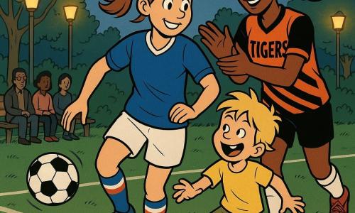 A smiling, determined woman (Mia) with a light-brown ponytail in a colorful soccer kit (blue jersey, white shorts, striped socks) dribbles a ball, gazing joyfully and confidently at a child; a 6–7-year-old blond boy (Timmy) in a yellow T-shirt and khaki shorts, delighted and laughing, tries to mimic the dribble beside and slightly ahead of her; a tall, tan professional player (Sarah), 25–30, in an orange-and-black Tigers jersey runs in from the right applauding and places an encouraging hand on Mia’s shoulder a few steps behind; a small neighborhood park at dusk with vivid green grass, worn white field lines, trees, soft lampposts, and blurred spectators on a bench; friendly training meet, warm colors, clear rounded lines, exaggerated readable expressions, and a sense of motion (ball in the air, hair moving).