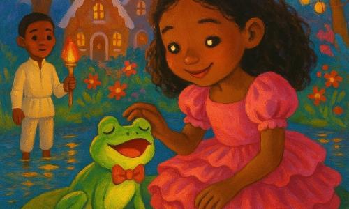 Prinzessin sitzt auf einem großen Seerosenblatt am Teichrand, lächelnd und ruhig, in einer rosa Rüschkleid, streichelt zärtlich den singenden Frosch Frido, ein leuchtend grüner Frosch mit winziger Fliege aus Pilzhaut und Laternenaugen; ein etwa zehnjähriger Page steht links im Hintergrund mit einer kleinen goldenen Fackel und schaut staunend zu; verzaubertes Reich bei Dämmerung mit Lebkuchenhäusern, zuckrigen Bäumen, glitzernden Bonbonblumen, hängenden Laternen und goldenen Spiegelungen im Wasser, warme, sanfte Beleuchtung, gesättigte Farben und sichtbare, strukturierte Acrylpinselstriche.