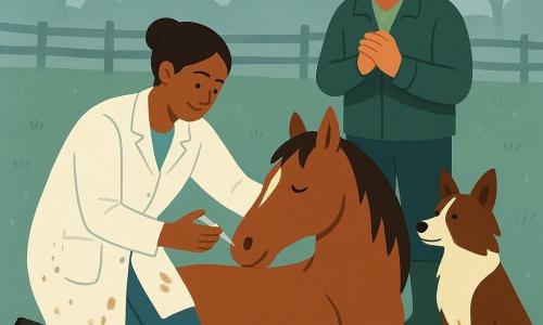 Una veterinaria sorridente ma concentrata, capelli castani raccolti in chignon, camice bianco sporco di terra, in ginocchio accanto a un grande cavallo, mano sinistra sul collo dell’animale e destra con una piccola siringa, espressione dolce e rassicurante; un contadino di circa 60 anni, volto rugoso e capelli brizzolati, con giacca di lana e stivali di gomma, in piedi leggermente dietro al cavallo con le mani giunte e sguardo sollevato e preoccupato; un cane pastore maschio marrone e bianco con orecchie dritte e coda scodinzolante vicino alla veterinaria, seduto in primo piano a destra; un cavallo marrone dal manto lucido e criniera nera, disteso ma che si sta alzando, occhi semiclosi e alito visibile nell’aria fresca; luogo: un ampio prato coperto da una leggera nebbia, erba bagnata con gocce, recinto di legno e vecchio cancello rosso sullo sfondo con qualche albero spoglio in silhouette; situazione principale: la veterinaria cura una colica del cavallo nel campo nebbioso con gesti calmi e precisi, atmosfera tenera e pacifica incentrata sul contatto umano-animale.