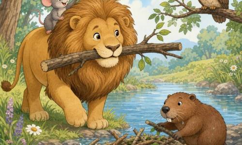 A golden-furred lion with a full mane, round face and gentle eyes smiles slightly while carrying a wide branch in its mouth, posing reassuringly with rounded nonthreatening muscles; a small gray mouse with big ears and a joyful expression perches on the lion’s back gathering red berries with a raised paw near the mane; a brown beaver with visible teeth, a focused look and wet whiskers adds branches to a dam standing by the water’s edge with its flattened tail on a rock; in the background a yellow-eyed owl with folded wings sits on a low branch watching softly; setting: a calm, sparkling river with grassy banks, wildflowers, large logs and piles of branches forming a dam under construction beneath a pale blue sky with fluffy clouds; the animals are building a sturdy dam together in a warm, pastel-colored scene with soft textures, rounded composition and friendly expressions.