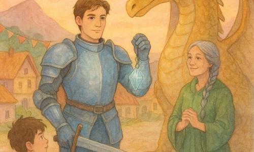Sir Cedric, a 25-year-old knight with a determined yet gentle face, shining blue-tinted armor, holding a sword in one hand and a glowing crystal pendant in the other, confident and calming; Galdur, a large majestic dragon with glittering golden scales, kind amber eyes and wings partly spread behind Sir Cedric, protective and calm; Lady Elara, a 40-year-old healer with braided gray hair in a green robe, standing to the knight’s right with clasped hands and a reassuring smile; an 8-year-old village boy with tousled brown hair holding a small wooden spear, admiring in the foreground left. Setting: stone-paved village square at the foot of a mountain with colorful thatched houses, flags and garlands, a soft pink-orange sunset sky and distant trees and hills. Scene: a moment of union and peace—the knight introduces the dragon to the villagers, warm atmosphere, surprise turning to trust, soft light and long shadows, composition centered on their meeting. Style: delicate watercolor, warm washed colors, light outlines and visible paper texture.