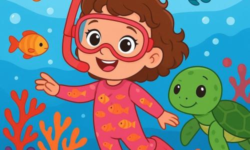 Una bambina di 4 anni, Sofia, con grandi occhi brillanti e capelli ricci castani, nuota felicemente sott'acqua, circondata da pesci colorati. Indossa una muta rosa con motivi di pesci e un grande sorriso sul viso, esprimendo meraviglia e gioia. Accanto a lei, una tartaruga marina amichevole, con un guscio verde e occhi dolci, galleggia lentamente, sembrando guidare Sofia nella sua avventura sottomarina. Lo sfondo è pieno di coralli vibranti nelle tonalità di rosso, arancione e viola, mentre bolle d'aria si liberano intorno a loro. Sofia esplora questo mondo magico, toccando delicatamente un corallo brillante, meravigliata dalla bellezza dell'oceano.
