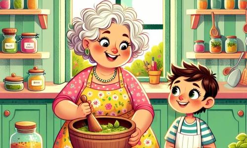 La chef cuisinière, la signora Rosa, è una donna di mezza età con capelli ricci e bianchi, che indossa un grande grembiule colorato, sorridente e piena di gioia, mentre mescola ingredienti in una grande ciotola di legno. Accanto a lei, Luca, un ragazzo di 8 anni con occhi scintillanti e capelli castani, osserva con meraviglia, tenendo un mortaio tra le mani, pronto ad aiutare. La scena si svolge in una cucina calda e accogliente, con pareti dipinte di giallo pastello, mensole piene di barattoli di spezie colorate e una grande finestra che lascia entrare la luce del sole. Sul piano di lavoro, ingredienti freschi come basilico, pomodori e frutta sono disposti con cura, creando un'atmosfera gioiosa e vivace. Rosa e Luca stanno preparando un delizioso pesto, condividendo risate e storie, mentre l'odore degli ingredienti freschi riempie l'aria, simboleggiando la magia della cucina e l'apprendimento.