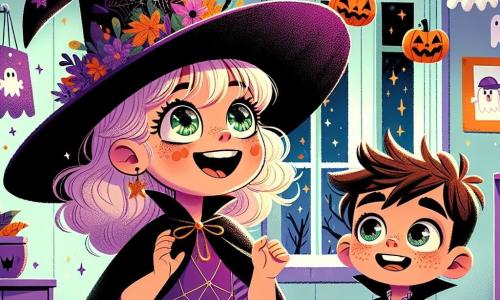 Una niña de 6 años, llamada Sofía, lleva un hermoso disfraz de bruja violeta con un gran sombrero puntiagudo. Tiene grandes ojos brillantes y una sonrisa maravillada, mostrando su emoción y curiosidad. A su lado, su amigo Lucas, un niño de 6 años con cabello castaño desordenado y un disfraz de vampiro, mira asombrado las decoraciones de Halloween que flotan a su alrededor. El decorado es un aula decorada para Halloween, con guirnaldas de fantasmas de papel, calabazas sonrientes y luces centelleantes. Las paredes están adornadas con dibujos de arañas y murciélagos. La situación principal muestra a Sofía y Lucas, maravillados, descubriendo que las decoraciones del aula cobran vida, creando una atmósfera mágica y festiva.