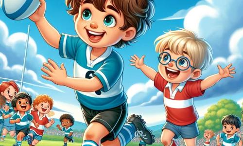 Un ragazzo di 6 anni, di nome Luca, con i capelli castani in disordine e gli occhi scintillanti di gioia, corre su un campo da rugby verde. Indossa una maglietta blu con un numero bianco e pantaloni corti neri, un grande sorriso illumina il suo volto mentre lancia la palla a un amico. Accanto a lui, un altro ragazzo di 6 anni, Leo, con i capelli biondi e occhiali, applaude entusiasta, indossando una maglietta rossa e pantaloni corti bianchi. È leggermente indietro, pronto a prendere la palla. Sullo sfondo, un gruppo di bambini di diverse età e origini, tutti vestiti con magliette colorate, si raduna per incoraggiare i loro amici, mentre genitori sorridenti li osservano dai lati del campo. Il luogo è un ampio campo da rugby, circondato da verde, con un cielo blu brillante e alcune nuvole bianche. In lontananza si possono vedere alberi e montagne, aggiungendo un tocco di natura alla scena. La situazione principale mostra Luca e Leo in azione, con Luca che lancia la palla verso Leo, mentre gli altri bambini li incoraggiano, creando un'atmosfera di amicizia ed eccitazione.