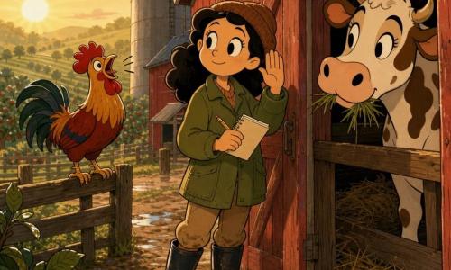Female farmer with a round face and calm smile, bright focused eyes, wearing a worn olive jacket and brown wool hat, holding a small beige notebook and pencil with her hand raised as if listening to the farm; a colorful red-and-gold rooster on the left fence crowing; a gentle brown-and-white cow poking its head from the middle stall chewing grass; early-morning farm yard with gravel and glistening puddles, red plank barn, matte metal silo, rows of green fields and apple trees, golden sunrise light and light fog; she opens the barn door in an attentive, composed pose as animals respond around her, creating a tranquil warm scene with dewdrops on leaves, weathered wood texture and stacked straw.