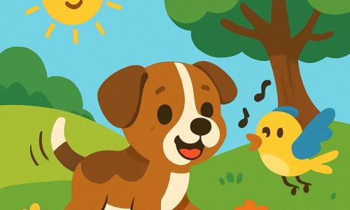 A small dog, Marley, with brown fur and white spots, stands on a soft carpet of green grass, his eyes sparkling with curiosity and determination. He wags his tail enthusiastically, ready for adventure. Next to him, a colorful little bird, Bird, with yellow and blue feathers, joyfully flies in the air, singing and encouraging Marley. The scene takes place in a sunny park, with a large majestic tree in the background, its extended branches providing shade, and a small green hill to the left. Marley and Bird are searching together for the mysterious golden bone, exploring the park with expressions of joy and excitement, while the sun shines and colorful flowers dance in the wind.