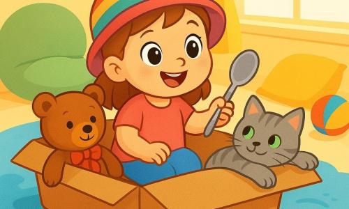 A 2-year-old girl named Mia, with bright big eyes and a radiant smile, is sitting in a cardboard box that looks like a boat. She wears a soft, colorful hat and holds a silver spoon like a paddle, with an expression of joy and adventure on her face. Next to her is her teddy bear, a brown stuffed animal with a red bow around its neck, her faithful travel companion, sitting beside her in admiration. A gray cat with green eyes, her friend, is lying on the edge of the boat, paws stretched out as if floating in the clouds. The scene takes place in a bright, colorful children's room, with a fluffy rug resembling blue sea, island-shaped cushions, and scattered toys. Sunbeams filter through the window, filling the room with a warm golden light. Enthusiastic, Mia navigates her cardboard boat, laughing and imagining herself at sea, ready for a great adventure with her friends.
