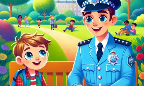 Um jovem, Miguel, de cerca de 20 anos, com cabelos castanhos e olhos cheios de curiosidade, sorri calorosamente enquanto se senta em um banco em um parque ensolarado. Ele usa um uniforme de policial azul claro, com um distintivo brilhante no peito, e parece entusiasmado e amigável. Ao seu lado, um garoto chamado Lucas, de cerca de 10 anos, com cabelos loiros bagunçados e olhos azuis arregalados de admiração, ouve atentamente, sentado com uma expressão admirativa. O parque é verdejante, com árvores frondosas, flores coloridas e um caminho de cascalho que serpenteia pelas gramados. Ao longe, crianças brincam e riem, enquanto pássaros cantam nos galhos. A cena mostra Miguel compartilhando histórias cativantes sobre seu trabalho como policial com Lucas, que está fascinado por seus relatos, criando um momento caloroso e inspirador nesse ambiente tranquilo.