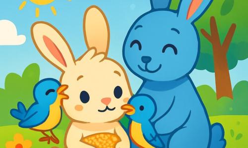Mimo, ein kleiner Hase mit großen Ohren und weichem, glänzendem Fell, sitzt auf einem Teppich aus bunten Blumen mit einem sanften und tröstlichen Ausdruck im Gesicht. Er trägt ein hübsches, magisches Tuch um seinen Bauch, das in der Sonne funkelt. Neben ihm sitzt Lila, ein Vogel mit leuchtend blauen und gelben Federn, der fröhlich auf seiner Schulter singt. Im Hintergrund steht Mimos Mama, eine sanfte und liebevolle Häsin mit blauem Fell, lächelnd und beschützend, während sie sie zärtlich ansieht. Der Ort ist ein wunderschöner, verzauberter Garten, gefüllt mit bunten Blumen, majestätischen Bäumen mit glänzenden Blättern und einem klaren blauen Himmel, der mit flauschigen Wolken bedeckt ist. Die Hauptsituation zeigt Mimo, umgeben von seinen Freunden, der sich durch die Liebe und Unterstützung seiner Familie trotz eines kleinen Bauchschmerzes getröstet und glücklich fühlt.