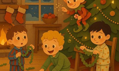 Quatro personagens: três meninos de cerca de 5 anos — um à esquerda, cabelos castanhos curtos, pijama listrado azul e vermelho, segurando uma pequena guirlanda e olhando maravilhado; um no centro, loiro encaracolado, pijama verde, agachado pegando bolinhas douradas com delicadeza; um à direita, cabelos pretos lisos, pijama de bolinhas, tímido e concentrado, segurando uma cadeira para ajudar a prender uma guirlanda — e um lutin travesso, pequeno e não humano, gorro pontudo vermelho, botinhas verdes, olhos maliciosos, no galho baixo da árvore soprando brilhos e segurando um doce brilhante. Local: sala de Natal acolhedora com piso de tábuas claras, grande lareira de pedra com meias vermelhas, janela com geada mostrando a lua, fruteira com maçãs na mesa, grande árvore decorada com luzes quentes e guirlandas, fitas e decorações espalhadas; estilo de papéis recortados com cores saturadas e contrastantes. Situação: os três meninos cooperam para reparar e pendurar uma guirlanda enquanto o lutin observa e sopra purpurina; cena calma e doce, gestos lentos, rostos atentos, iluminação quente da lareira e da árvore.