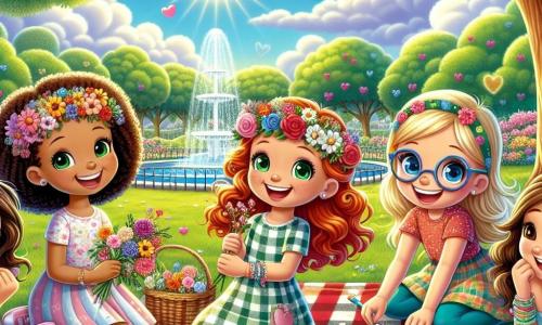 In un parco soleggiato, quattro ragazze si tengono gioiosamente sotto un grande albero. Alessia, una ragazza di 10 anni con capelli ricci e un sorriso splendente, è al centro, tenendo una corona di fiori. A sinistra, Marta, una ragazza di 10 anni con capelli rossi e occhi verdi, stende una coperta a quadri sull'erba. A destra, Anna, una ragazza di 10 anni con capelli biondi e un vestito colorato, intreccia fiori per creare corone. Infine, Giulia, una ragazza di 10 anni con capelli castani e occhiali, è accucciata, disegnando un grande cartello con cuori e parole dolci per la festa della mamma. Il parco è pieno di verde, con alberi maestosi, fiori colorati e una fontana scintillante sullo sfondo. Il cielo è di un blu intenso, punteggiato da alcune nuvole bianche e soffici. Le ragazze stanno preparando un picnic a sorpresa per le loro mamme, ridendo e gioendo mentre nascondono indizi per una caccia al tesoro speciale.