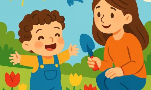 Un băiețel de 2 ani, pe nume Matei, cu părul creț și ochi strălucitori de bucurie, poartă o salopetă albastră și cizmulițe roșii. Zâmbește larg, cu brațele deschise, ca și cum ar vrea să îmbrățișeze primăvara. Lângă el, mama lui, o femeie de aproximativ 30 de ani, cu părul lung și brunet și un zâmbet blând, ține o mică lopată din plastic și îl privește cu duioșie. Scena se desfășoară într-o grădină plină de flori colorate, cu lalele roșii și galbene, arbuști verzi și un cer albastru strălucitor. Păsărele zboară deasupra, iar soarele strălucește, creând o atmosferă caldă și veselă. Matei, plin de entuziasm, se pregătește să planteze flori alături de mama lui, explorând bucuria primăverii.