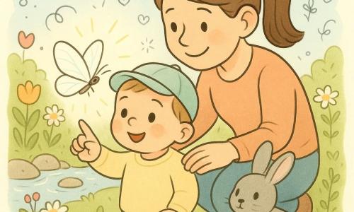 Un băiețel de 2 ani, față rotundă și obraji roz, ochi curioși și zâmbet uimit, poartă o șapcă mică și un pulover pastel; întinde indexul și un fluture mare alb cu aripi translucide se așază pe el. O femeie, mama (≈30 ani), păr brun prins în coadă, zâmbet blând, genunchii ușor îndoiți lângă copil, îl privește cu bunătate și îi pune o mână protectoare pe umăr. Un iepuraș gri cu blană moale stă în iarbă la câțiva pași, privind timid. Locul: o grădină de primăvară luminoasă cu iarbă verde muscoasă, flori colorate (lalele, margarete, flori mici mov), un pârâu sclipitor cu pietre netede și un cer albastru deschis cu nori pufoși. Scena principală e calmă și magică: un strop de soare încălzește fluturele și mâna copilului; se văd petale, picături de apă pe iarbă și mici doodle-uri (inimi, stele, note muzicale) pentru ton jucăuș. Stil: culori moi și luminoase, contururi rotunjite, texturi textile vizibile, expresii clare și emoții simple.