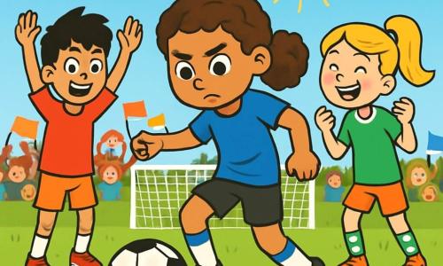 There are 3 characters: Maya, an 11-year-old girl with curly brown hair, wearing a blue soccer jersey and black shorts, is in the center, focused and ready to shoot at the goal. Leo, an 11-year-old boy with messy black hair, dressed in a red jersey and white sneakers, stands to Maya's left, arms raised, ready to cheer for his friend. Jade, an 11-year-old girl with a long blonde ponytail, wearing a green jersey and striped socks, is to Maya's right, smiling and ready to celebrate a goal. The scene takes place on a green soccer field surrounded by enthusiastic spectators waving colorful flags. The sky is blue with white clouds, and the sun shines, illuminating the freshly cut grass. The main situation shows Maya determinedly taking a shot at the goal, while Leo and Jade cheer her on with bright smiles. The spectators around them are excited, creating an atmosphere of joy and excitement, capturing a crucial moment in a soccer match.
