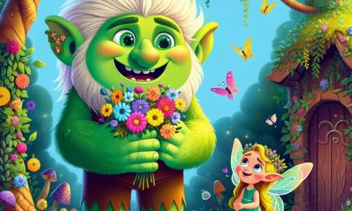 Un troll prietenos numit Trolly, cu o piele verde strălucitoare ca iarba proaspătă, ochi strălucitori de culoare smarald și un zâmbet larg, stă în centrul imaginii, ținând flori colorate în mâinile sale mari. El exprimă o bucurie contagioasă, obrașele sale fiind înroșite de entuziasm. Lângă el, o mică zână numită Elia, în vârstă de aproximativ 8 ani, cu aripi delicate strălucitoare și păr auriu fluturând în vânt, îl privește pe Trolly cu admirație, pregătită să-l ajute în aventura lor. Decorul este o pădure magică, unde copaci cu trunchiuri răsucite și frunze multicolore se înalță spre un cer albastru strălucitor, înconjurați de flori cântătoare și animale curioase, creând o atmosferă feerică. În fundal, o mică ușă din lemn, acoperită de iederă, lasă să se intrevadă o lume misterioasă. Situația principală îi arată pe Trolly și Elia, hotărâți și zâmbitori, pregătiți să intre pe ușa magică pentru a descoperi minunile care îi așteaptă în pădurea fermecată, uniți prin prietenia și spiritul lor aventuros.