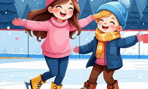 A 5-year-old girl named Lily, with long brown hair and rosy cheeks, is joyfully skating on an ice rink, wearing a pink sweater and yellow boots, with her arms outstretched and a big smile on her face. Next to her, her friend Ben, a 6-year-old boy with messy blonde hair and a blue beanie, is laughing as he tries to keep his balance on his skates. Further away, Mia, a 5-year-old girl with curly hair and caramel skin, is spinning on the ice, her eyes sparkling with happiness. The scene takes place in a charming snowy village, with houses covered in snow, lit streetlamps, and a large decorated Christmas tree in the town square. Snowflakes gently fall from the sky, adding a magical touch to the atmosphere. Lily and her friends are having fun on the ice rink, laughing and playing together, enjoying the magic of winter and friendship in this enchanting landscape.
