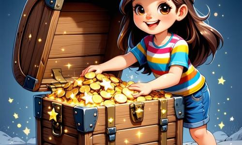 No centro da imagem, Clara, uma menina de 8 anos com longos cabelos castanhos e olhos brilhantes de curiosidade, está abrindo um grande baú de madeira decorado com padrões estrelados. Seu rosto expressa uma excitação palpável, com um largo sorriso e bochechas coradas de entusiasmo. Ela usa uma camisa listrada colorida e um short de denim, além de um pequeno boné de detetive. Ao lado dela, Miguel, um garoto de 8 anos com cabelos castanhos e óculos redondos, observa maravilhado o conteúdo do baú. Ele veste uma camiseta verde e uma calça cargo, segurando um pedaço de papel na mão, o mapa do tesouro, pronto para explorar. Um pouco atrás, Sofia, uma menina de 8 anos com cabelos loiros e tranças, sorri alegremente segurando uma lanterna, iluminando o baú. Ela usa um vestido florido e tênis coloridos. A cena acontece em um ambiente acolhedor, cheio de livros antigos e lembranças de aventuras, com paredes de madeira e janelas que deixam entrar a luz dourada do sol. Teias de aranha e objetos misteriosos acrescentam um toque de magia à atmosfera. A situação principal mostra Clara descobrindo um tesouro escondido no baú, enquanto seus amigos a encorajam, criando uma atmosfera de excitação e camaradagem. Os três crianças estão imersos na aventura, prontos para explorar os mistérios que os aguardam.