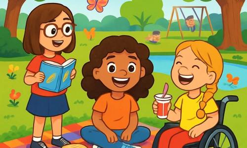 There are 3 characters: Ellie, a 10-year-old girl with curly brown hair and a bright smile, sitting on a colorful blanket surrounded by delicious sandwiches and fruits. Mia, a dynamic 10-year-old girl in a wheelchair, has braided blonde hair and wears a bright yellow t-shirt; she is laughing while holding a drink. Sophie, a 10-year-old girl with smooth brown hair and glasses, stands holding an illustrated book and looks at her friends enthusiastically. The setting is a large green park filled with colorful flowers and majestic trees, with a small pond in the distance where ducks swim peacefully, and children play on swings. Sunlight filters through the leaves, creating dancing shadows on the ground. The main scene shows the three friends enjoying a joyful picnic, sharing stories and smiles, while butterflies flutter around them, adding a touch of magic to their summer day.
